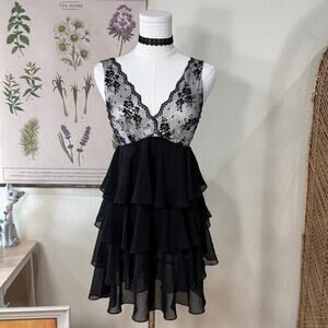 Y2k Floral Lace Ruffle Babydoll Mini Dress Romantic Sexy Dark Fairy Coquette M